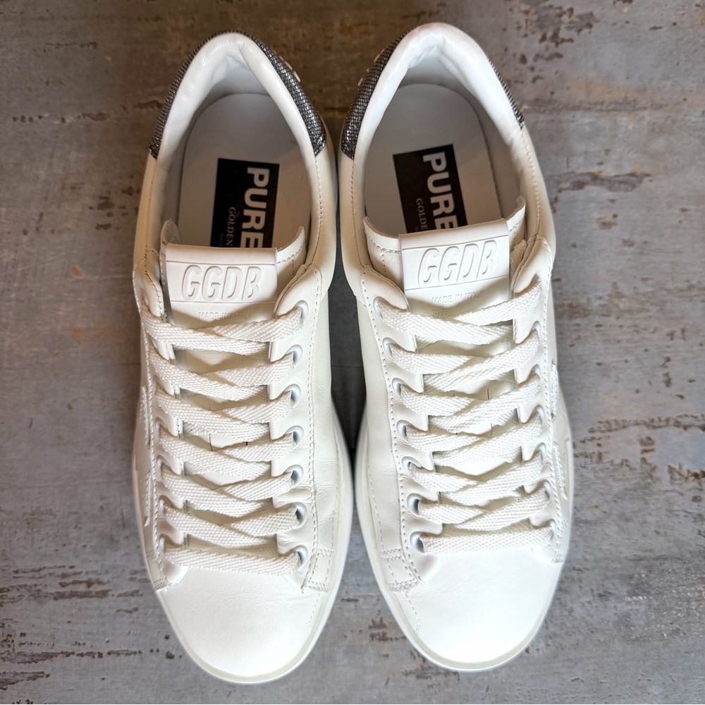 Golden Goose Pure-Star White Sneakers with Gray Glitter Heel Size 37 - Picture 4 of 13